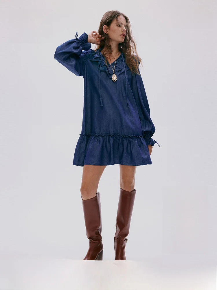 

Spring New Women's Denim Dr Ruffle Hem Casual Loose Fit Long Sve Cotton Lyocell Fiber H&M 3597 Daily Wear