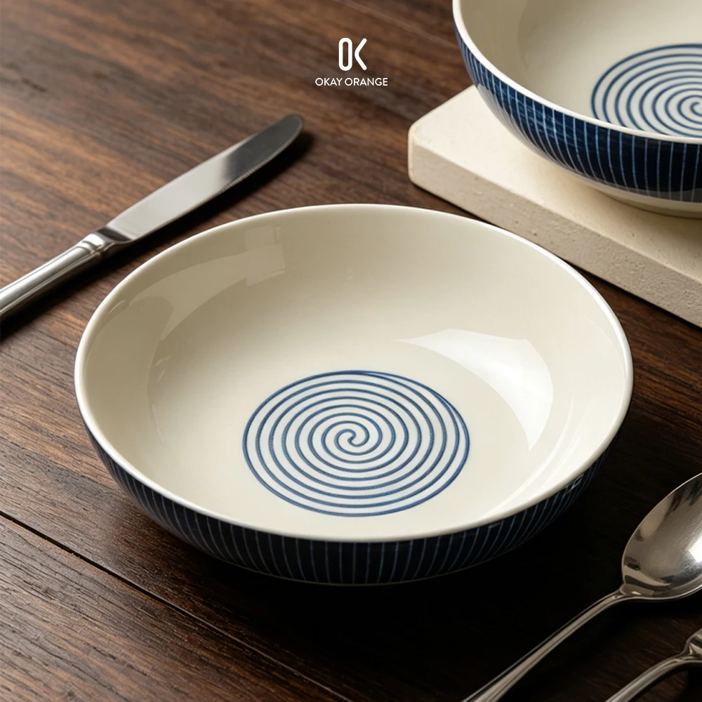 Japanese Style Ceramic Dinner Plate Retro Blue Spiral Pattern Porcelain Salad Dish Minimalist Kitchen Tableware Microwave Safe