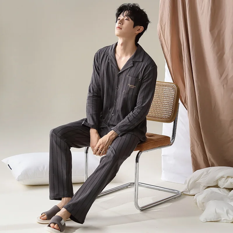 Pajamas Suit Men Pure Cotton Long-sleeved Striped Printed Cardigan Sleepwear Winter Soft Breathable Homewear Men Loungewear Set - Image 2