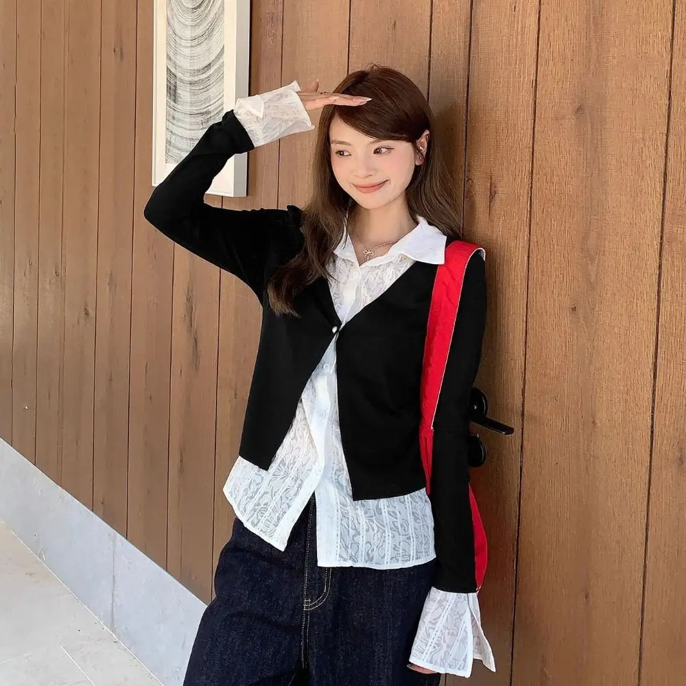 

Harajuku Slim Fit ложный топ из двух предметов с откидным воротником милые кружевные рубашки трикотаж лоскутные кардиганы вязаный топ женский весна осень