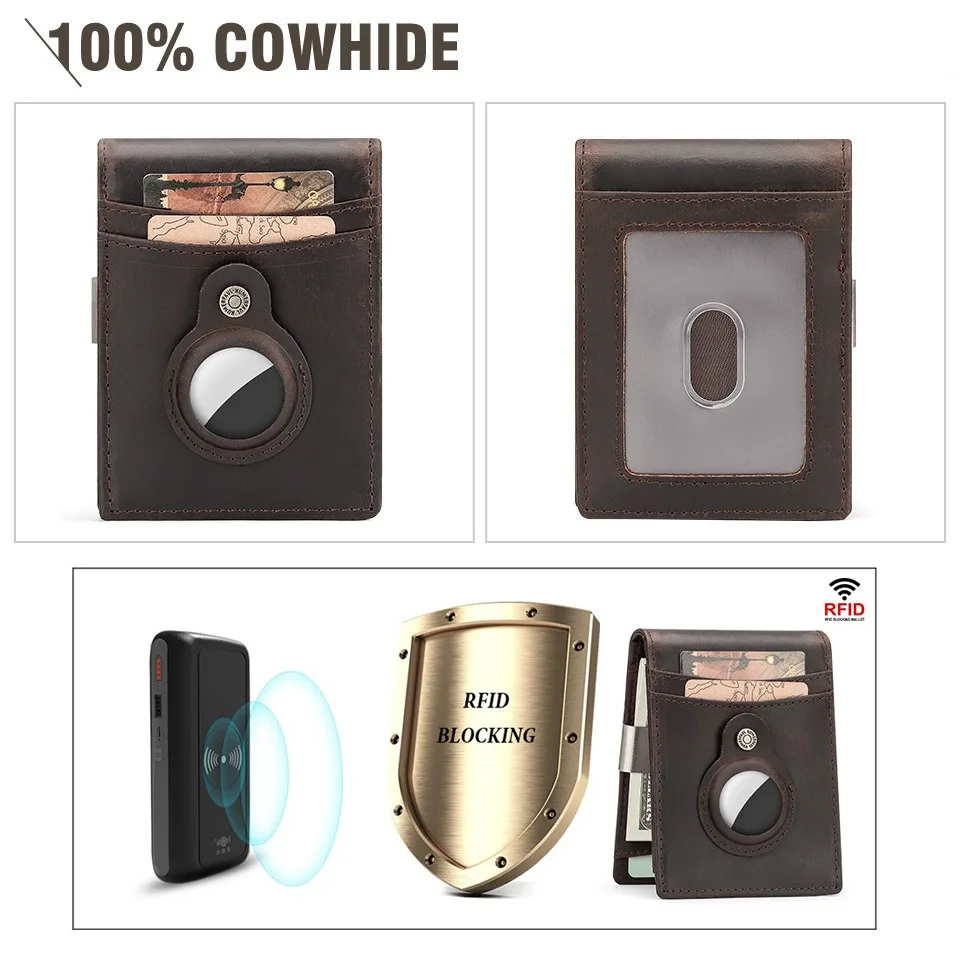 【Genuine Cow Leather】HUMERPAUL Brand Men's Wallet RFID First Layer Cowhide Card Holder AirTag Purse Money Clip