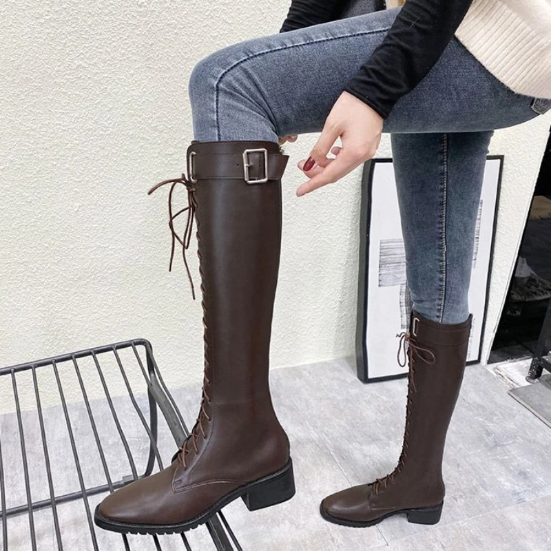 Lace-up Shoes for Woman Long Women\'s Boots Winter Knee High Shaft with Laces Biker Footwear Brown Large Size Warm Sale Quality