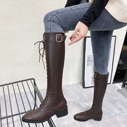 Lace-up Shoes for Woman Long Women's Boots Winter Knee High Shaft with Laces Biker Footwear Brown Large Size Warm Sale Quality