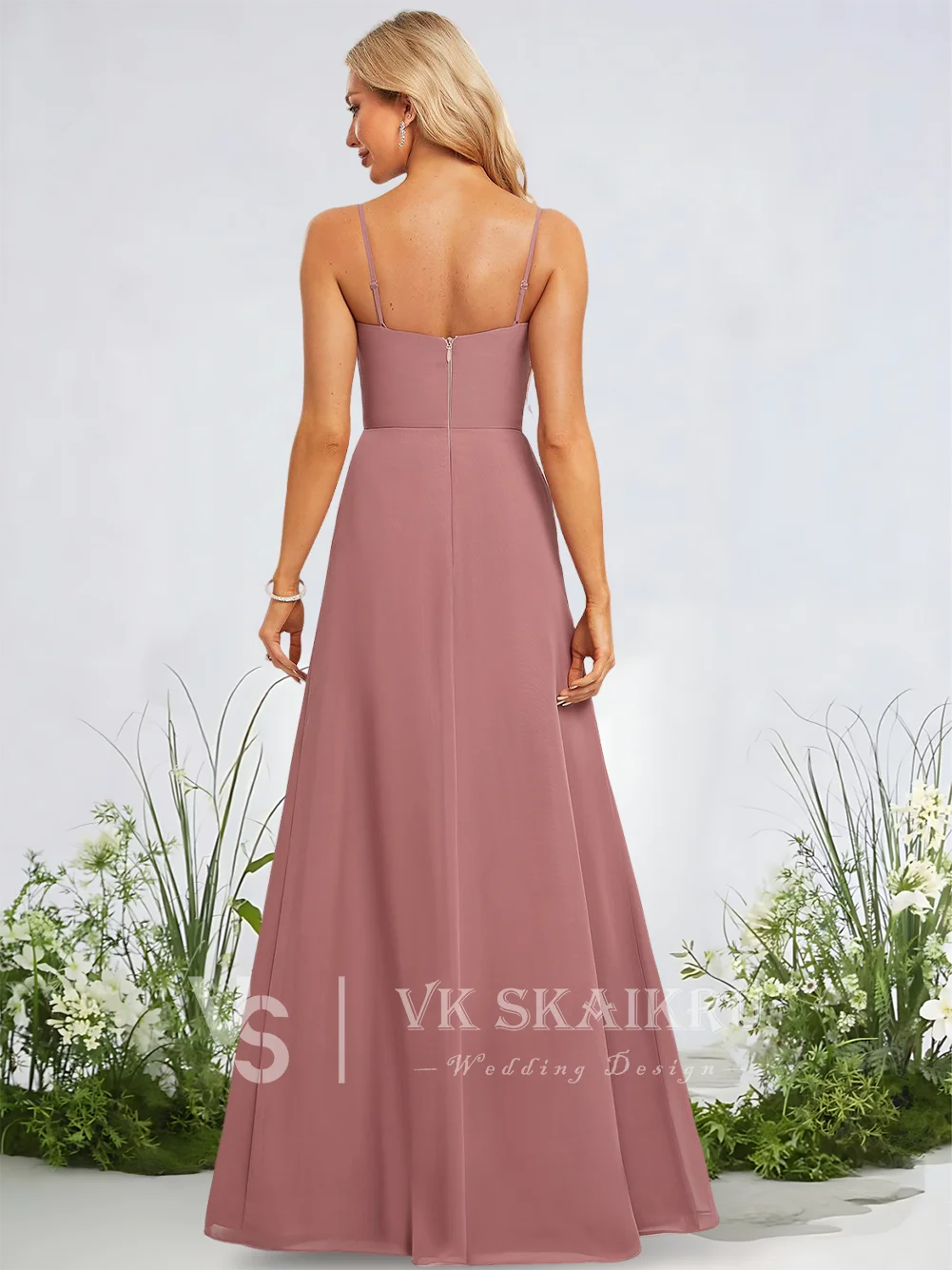 

C Bridesmaid Dresses Wedding with Spaghetti Straps A-line Square Sweetheart Floor-Length Wedding Party Dress for Women