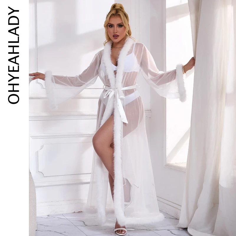 Ohyeahlady Women Sheer Mesh Robe Set Long Fur Nightgown See Through Solid White Nightie Sleepwear Elegant Big Size Sexy Lingerie