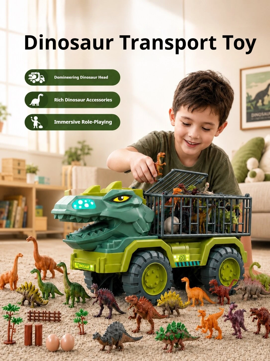 Dinosaur Transport Truck Large Capacity Storage Carrier With Multiple Dinosaur Figures Playset For Indoor Outdoor Activity Play
