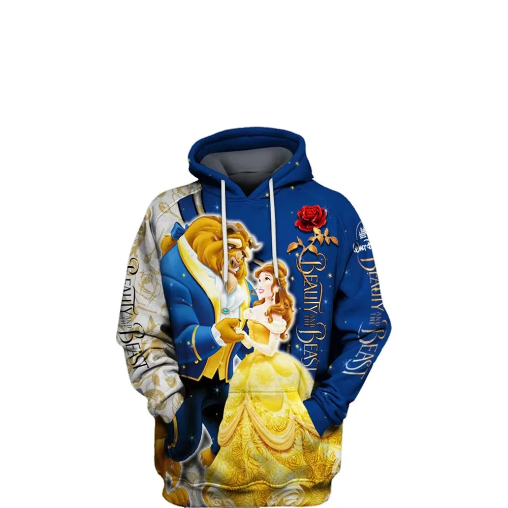 2025 Spring and Autumn new children's cartoon pattern Beauty and the Beast 3D printed hoodie casual pullover Men and women stree