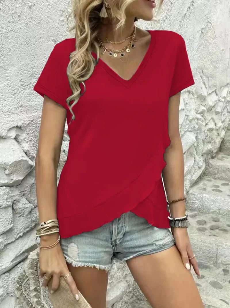 2025 Spring And Summer Fashion V-neck Ruffled Slim Thin Short-sleeved T-shirt Womens Clothes Daily Wear Hot Sale Fashion T-shirt