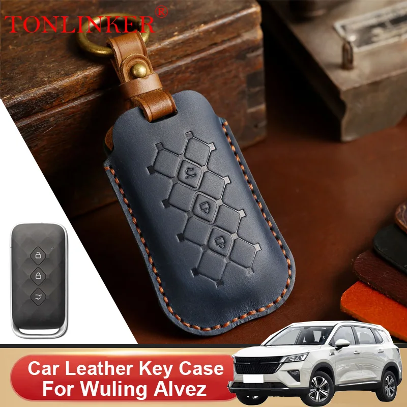 TONLINKER Car Dedicated Leather Key Case For Wuling Alvez CE EX 2022 2023-Present Holder Shell Remote Keychain Accessories