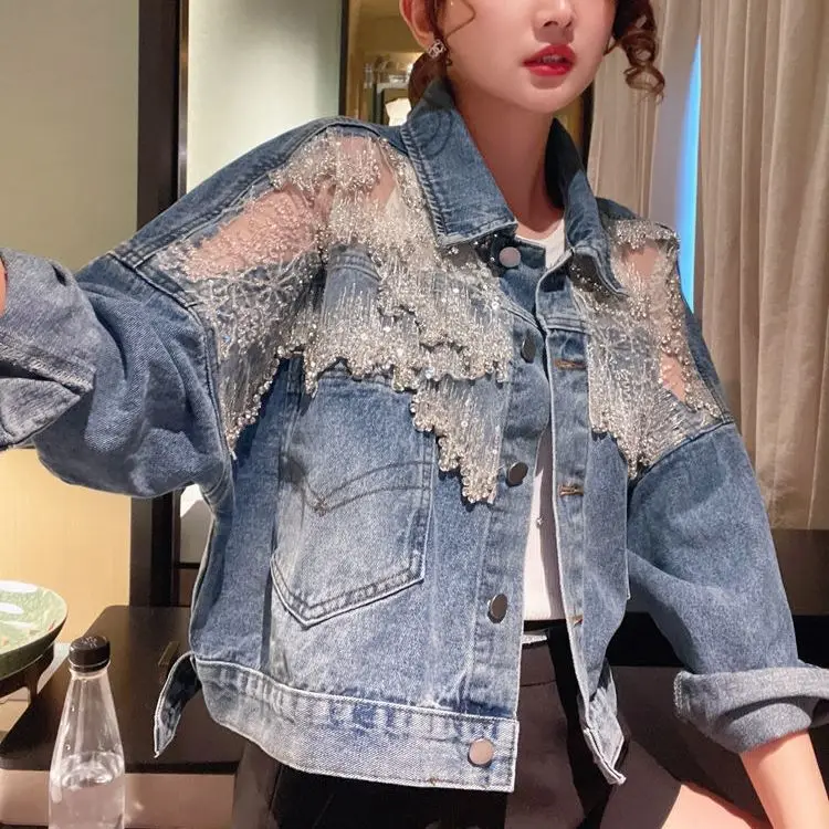 Chic Diamond-studded Denim Jacket Loose Lace Mesh Stitching Sequined Bomber Jeans Coat Hollow Beaded Cardigan Thin Tops Chaqueta