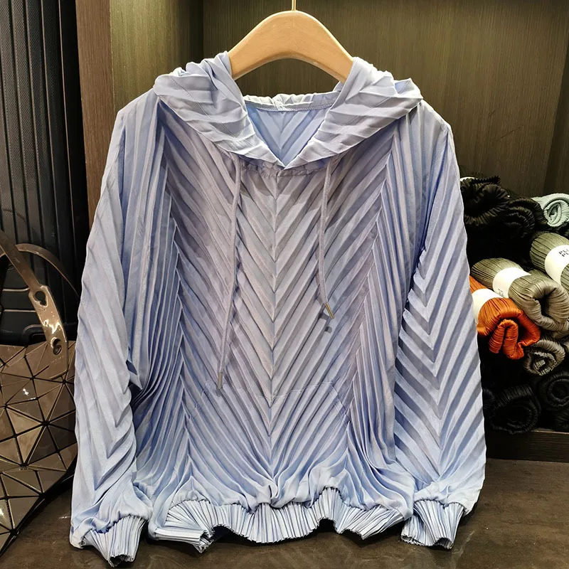 Miyake Pleated Sweater Hoodie Fashion Fold Tops Women Spring New Casual Simple Loose Big Yards Versatile Pleat Hooded Pullover