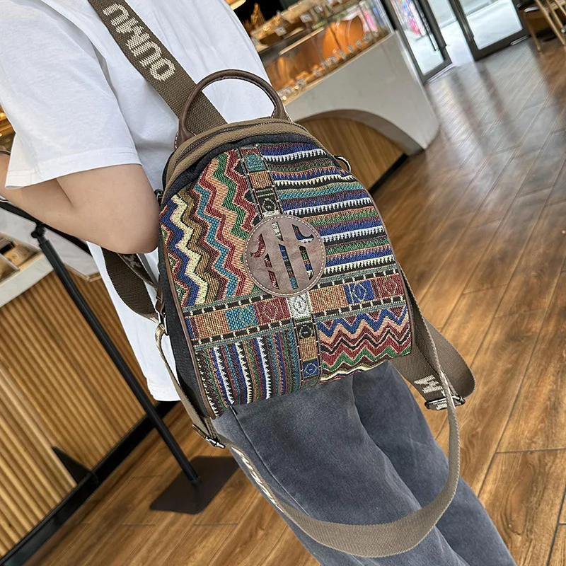 Chikage Fashion Ethnic Style Small Backpack Trend Women New Casual Denim Canvas Backpack Personality Embroidered Travel Bag