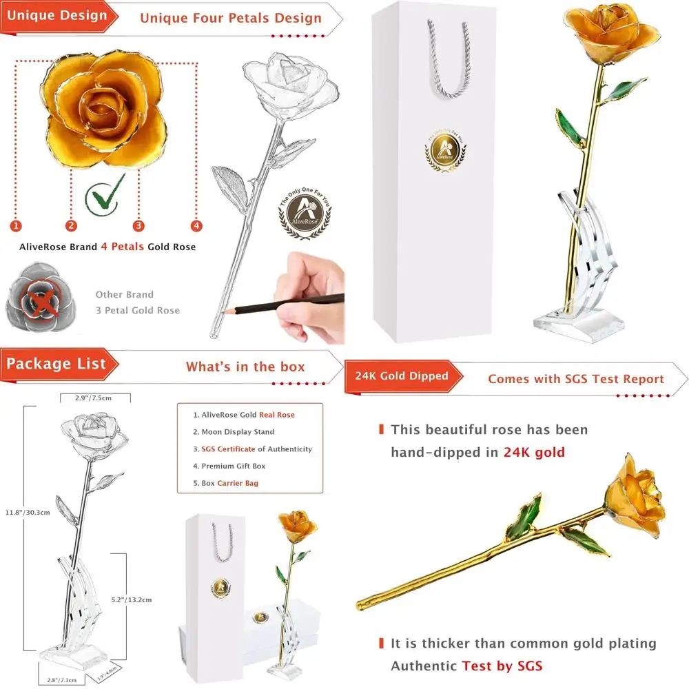 

Роза с золотым покрытием - уникальный дизайн для подарков на День святого Валентина, День матери, День рождения (желтая, с подставкой)