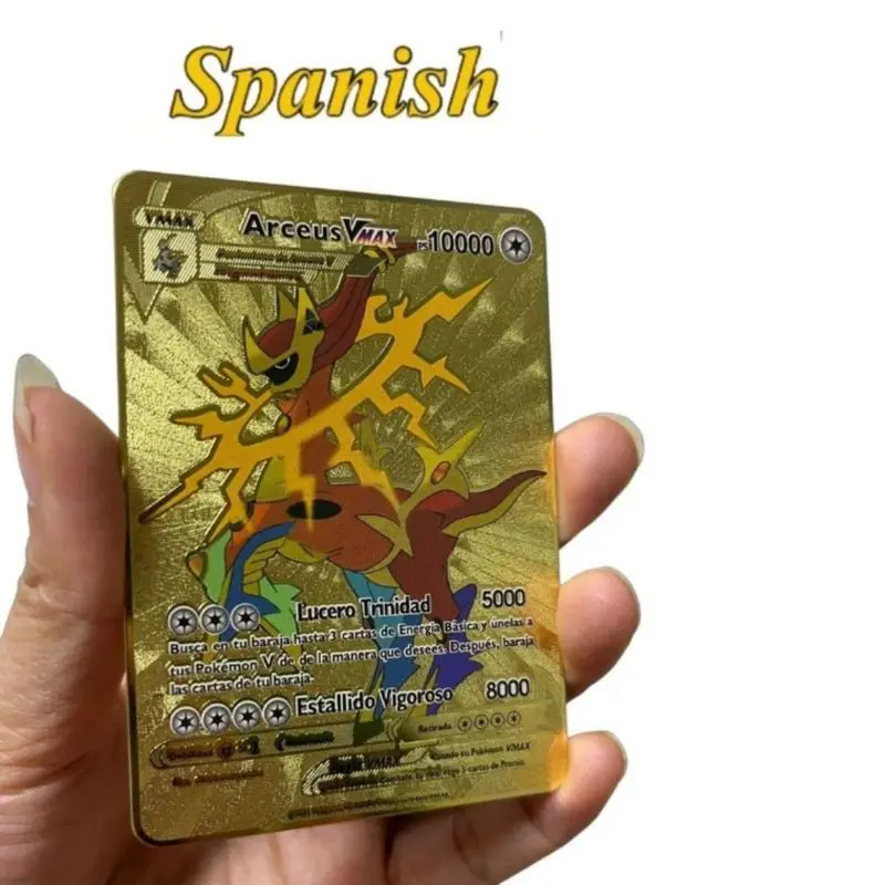 بطاقة بوكيمون المعدنية 10000 نقطة Arceus Charizard Super Card الذهبي الإسباني Mewtwo Vmax GX EX أنيمي جمع بطاقات هدية