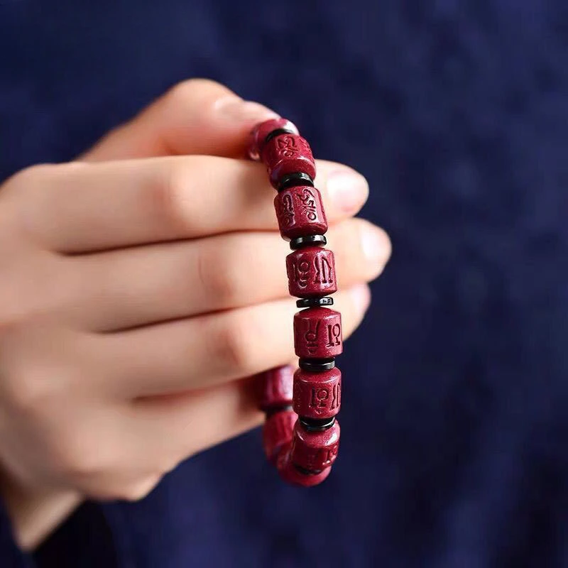 Natural Cinnabar Animal Year Six-character Mantra Bucket Beads Bracelet Zijin Sand Joker Bracelet for Men and Women.