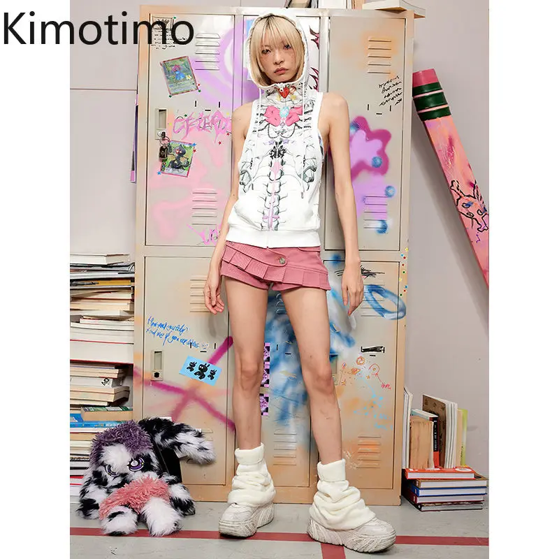 

Kimotimo Harajuku граффити с принтом черепа, женская майка в японском стиле, крутая, обтягивающая, пикантная, для девочек, жилет с капюшоном, уличная одежда без рукавов