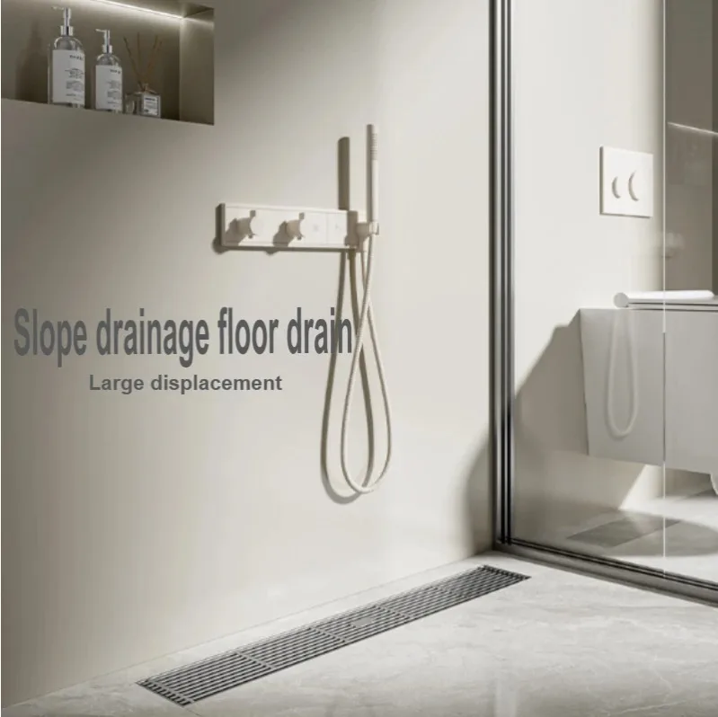 

Curled edge with slope, long strip floor drain, stainless steel gray, high displacement, odor and insect proof, toilet drainage
