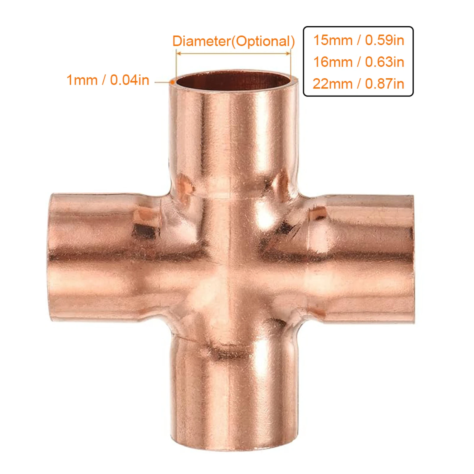 15/16/22mm Copper 4 Way Equal Cross Pipe Fitting End Feed Solder Coupler Connector Plumbing Tube Joint