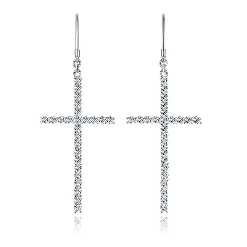 Oversized Cross Full Moissanite Drop Earrings for Women 1.25 Carat Round Diamond S925 Sterling Silver Plated 18K Gold Ear Hooks