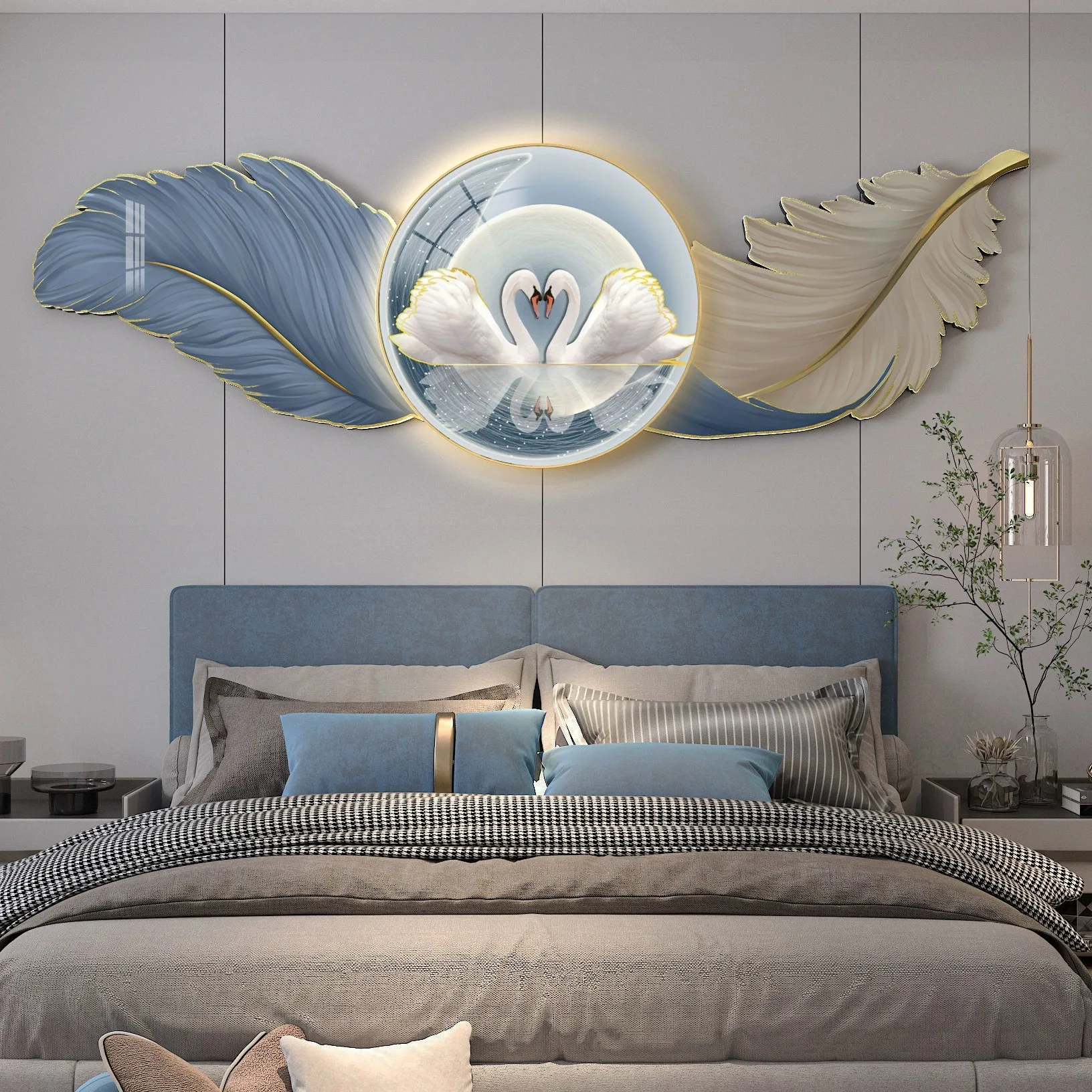 

Light luxury high-grade feather decorative painting master bedroom opposite room background wall painting modern simple mural