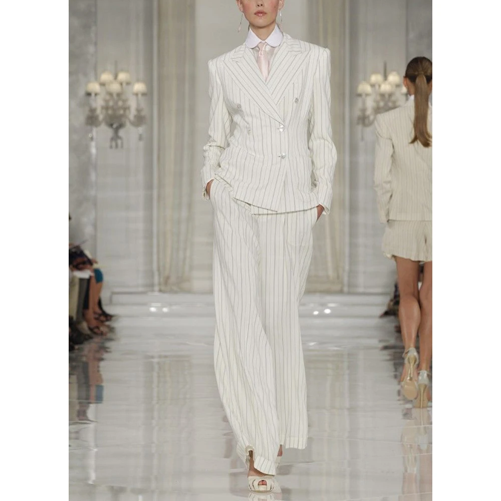 

Elegant White Stripe two Pieces Suit Set for Women Double Breasted Jacket Wide Leg Pants Sets Office Business Female Clothing