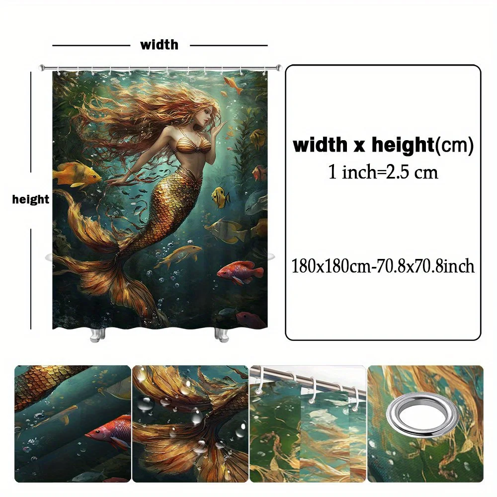 Mermaid Shower Curtain Red Hair Golden Tail Colorful Fish Seaweed Polyester Washable with 12 Hooks for Bathroom Decor