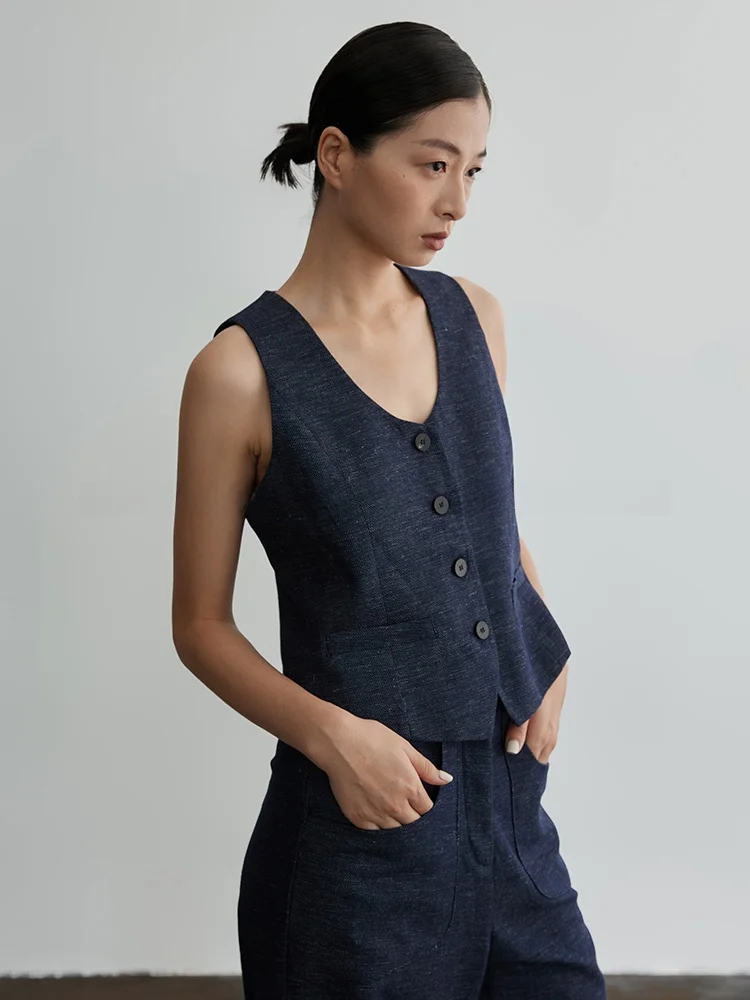 

Ordinary times Cotton Linen Sleeveless Vest Short Versatile Women's Fashionable Summer Commute Style Single Button Closure
