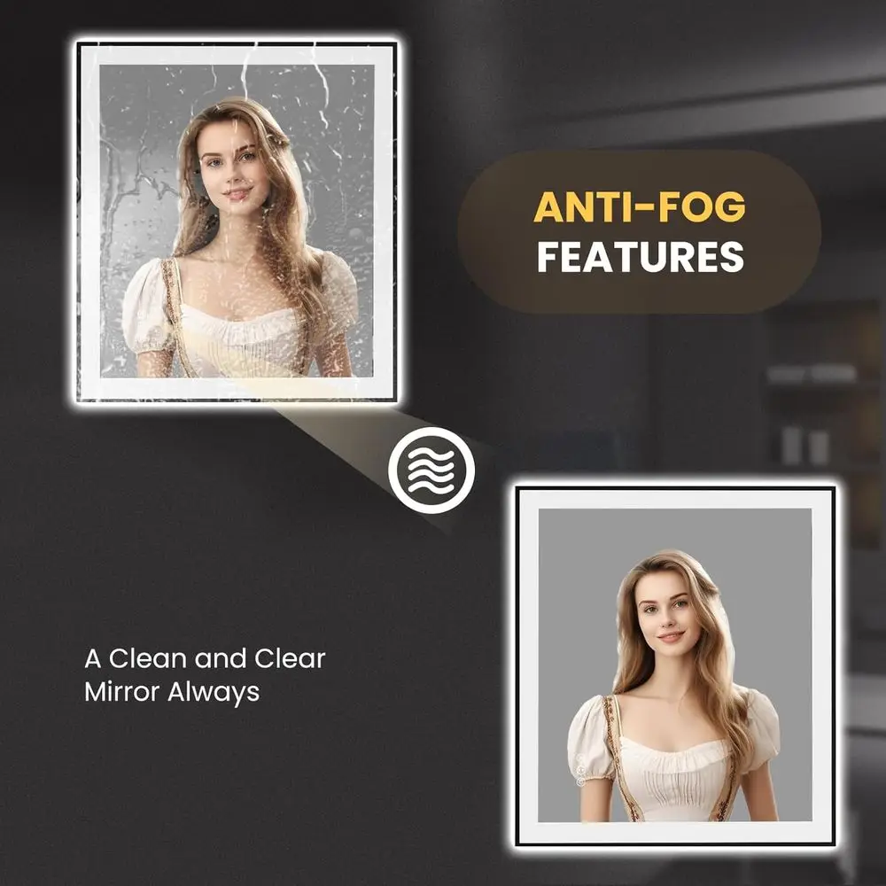 مرآة حمام LED مضادة للضباب مع إطار أسود، وإضاءة عكس الضوء، وزجاج مقسى، ووظيفة الذاكرة #4