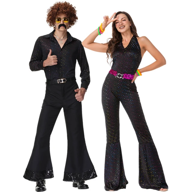 Disfraz de discoteca Vintage para pareja de adultos Ropa de baile negra brillante Cool Girl Boy trajes de juego de rol de estrella Anos 70