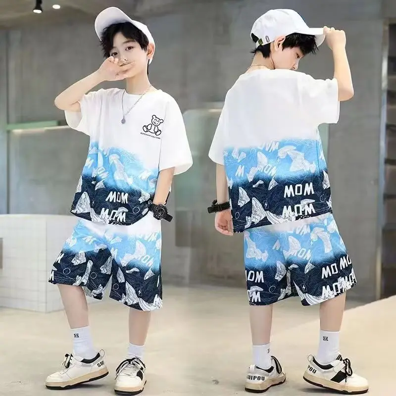 Boys Summer 2024New Cotton Fashion Sports Suits Astronaut Rabbit Print Shorts Sleeve Sets 5-14Years Boys Streetwear Outfits Set