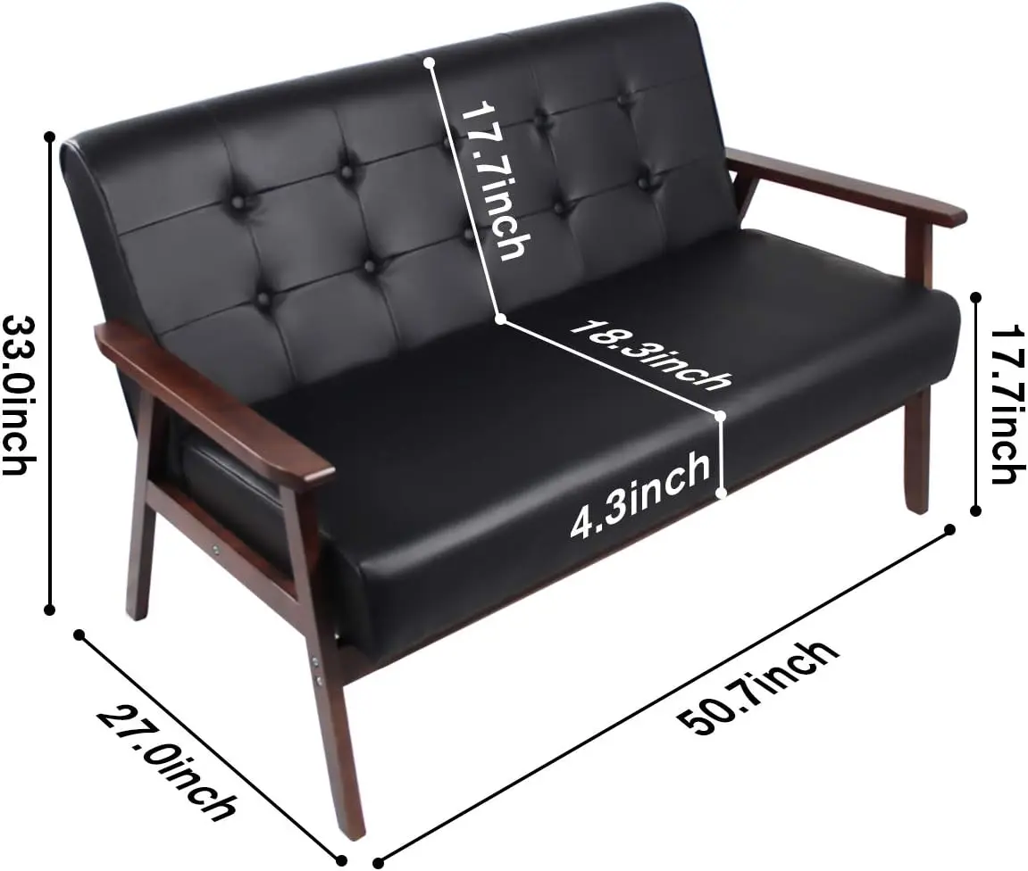 Nowoczesna drewniana skórzana sofa 2-osobowa, elegancka minimalistyczna sofa dwuosobowa, solidna i trwała rozkładana sofa kanapa (czarna)