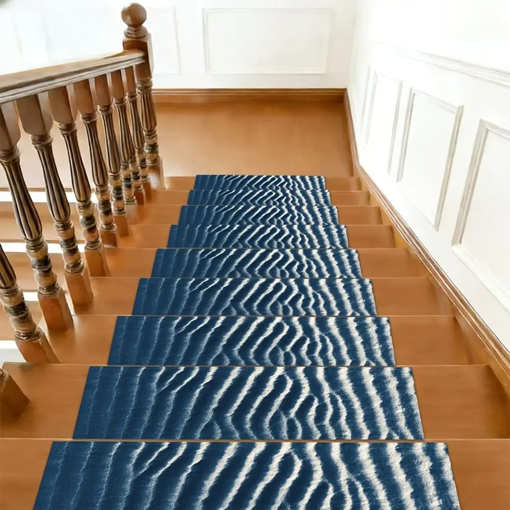 VIKAMA Blue and White Wave Texture Stair Mat  Easy to Clean Multi-functional Wooden Stair Stone Step Anti-slip Protection Carpet