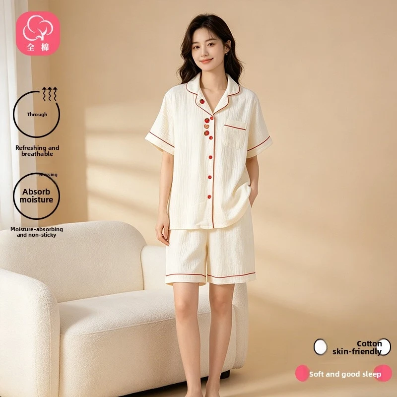 New all-cotton crepe pajamas for women, spring/summer short-sleeve shorts with embroidered lapel, home wear set suitable for out