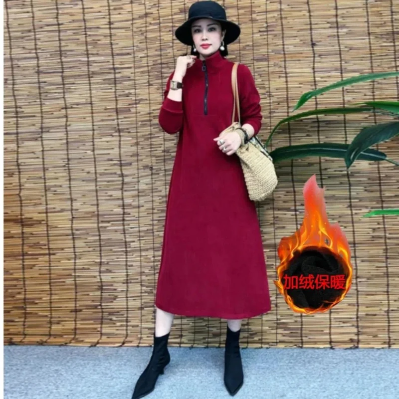 

Thickened Fashion Andy Velvet Dress Autumn/Winter New Fashionable Age Reducing Stand Up Collar Zipper with Velvet Bottom