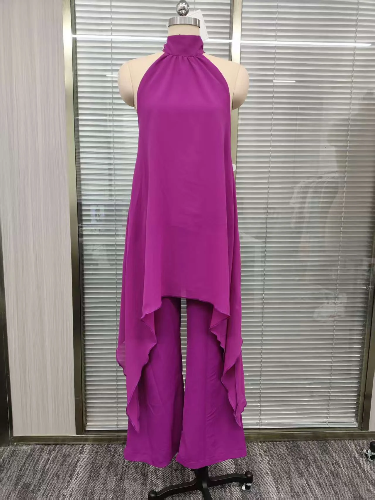 

Women Elegant Halter Neck Chiffon 2 Piece Set Sleeveless Asymmetrical Top & Wide Leg Pants Casual Loose Office Party Outfits