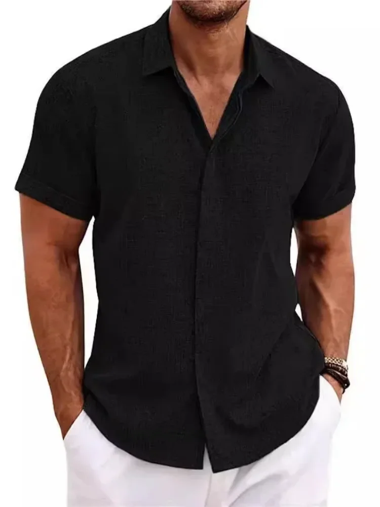 

Men's short sleeve shirt made of high-quality plain linen, comfortable, breathable, and sweat-absorbent, a must-have for home.
