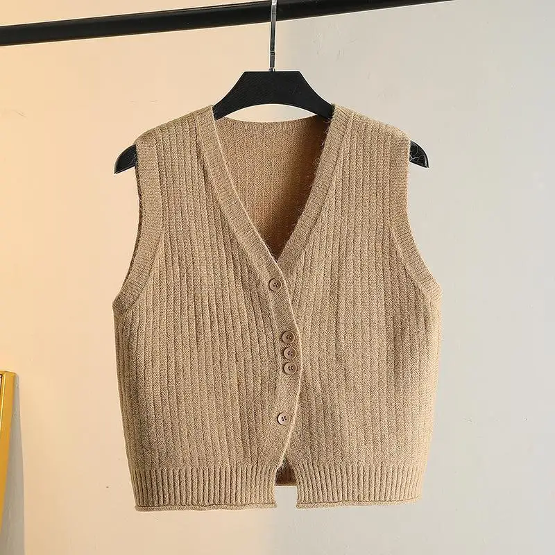 Hem Slit Design Buttoned Vest Knitted V-neck Vest Spring and Autumn Layered Cardigan Over-the-shoulder Sweater