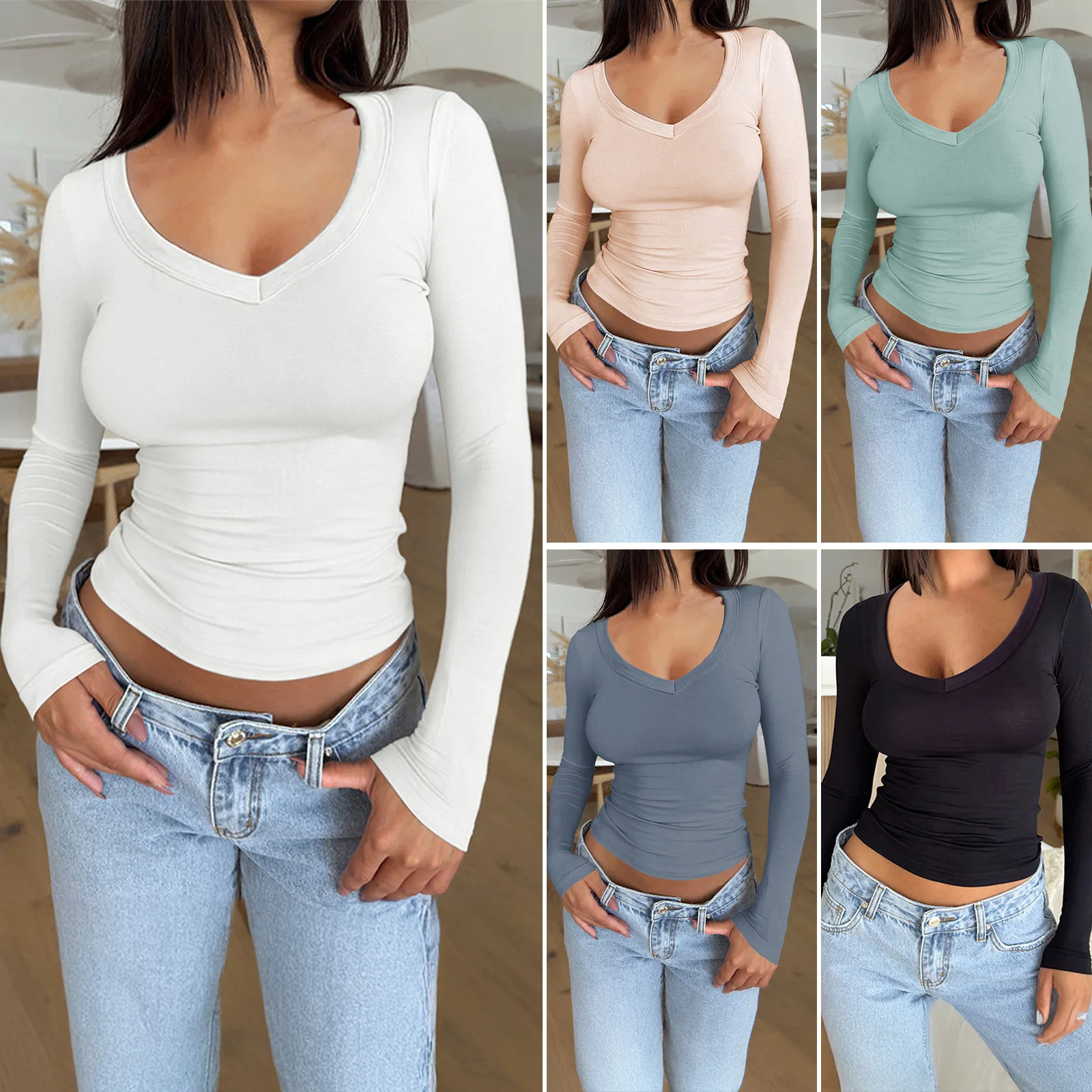 

Amazon Independent Station Spring And Summer Women's Clothing Temperament Slim-fitting Solid Color U-neck Long-sleeved Top
