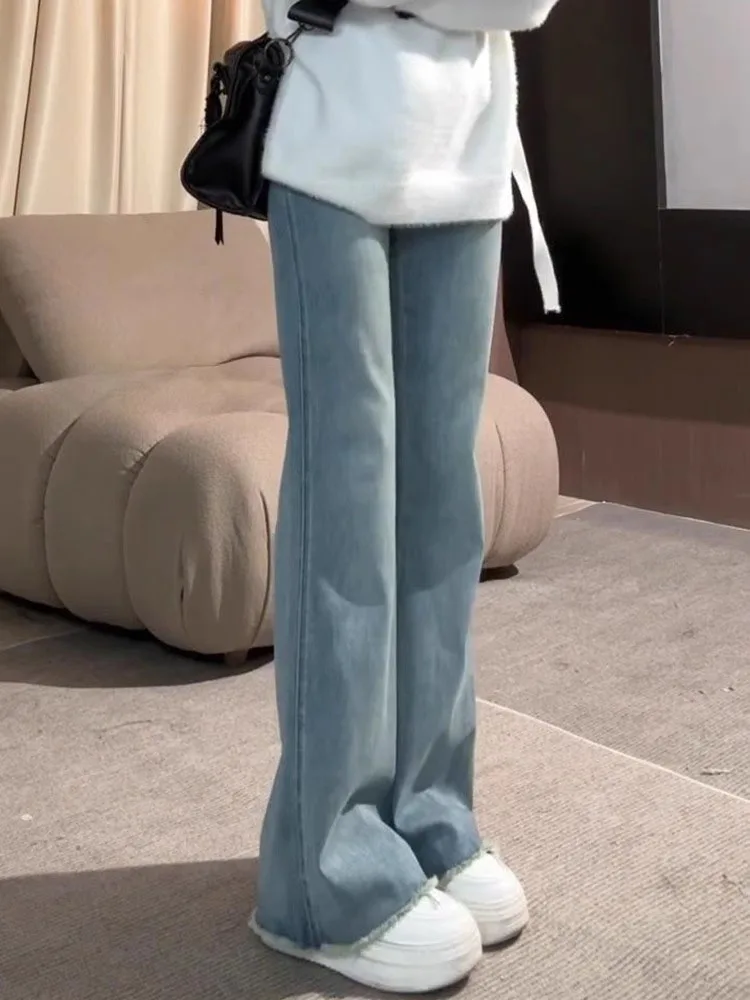 Jean en Denim taille haute pour femmes, pantalon Long extensible et délavé, résistant à l'usure, américain, effiloché aux genoux, été