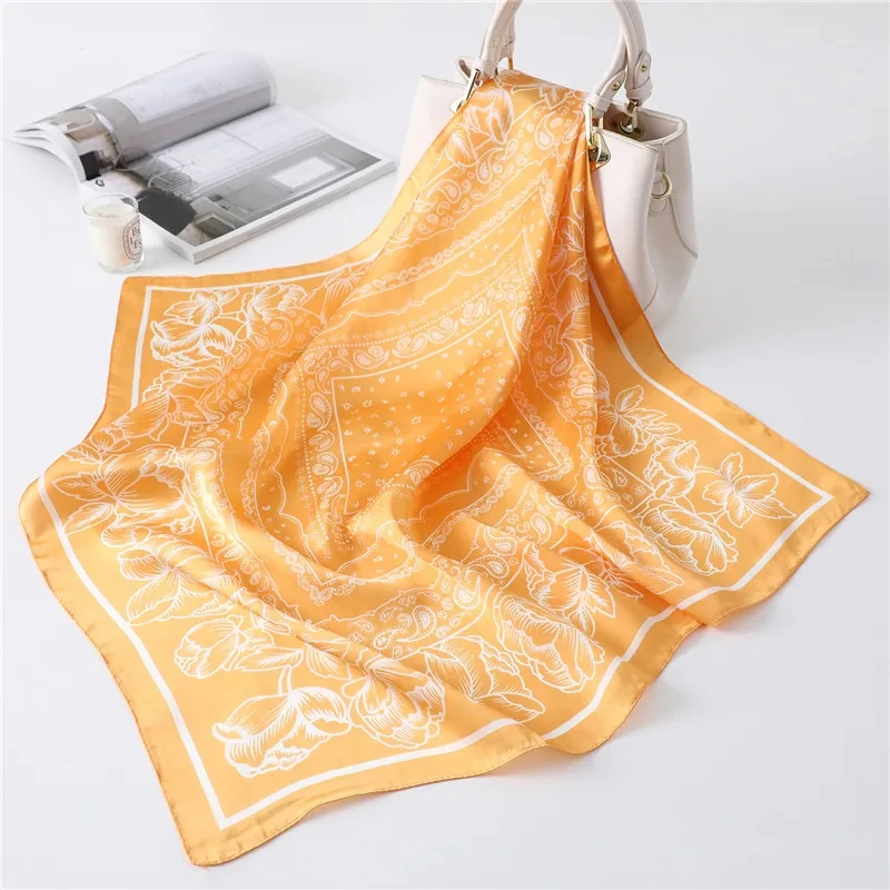 Luxury 2024 Floral Print Square Silk Scarf for Women Hijab Hair Bands 70cm Neckerchief Female Satin Shawl Ribbon Headband