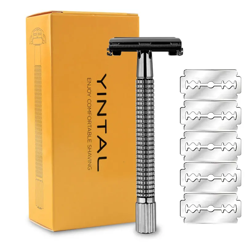 YINTAL Long Handle Version Butterfly Open Double Edge Safety Razor Men's Classic Manual Razors 1 Razor 5 Blades