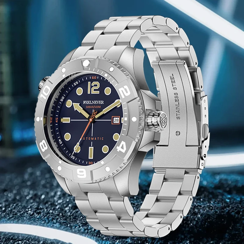 LIGE FeelNever Professionelle mechanische Herrenuhr, lässig, sportlich, japanisches Uhrwerk, 500 m wasserdicht, automatisches Datum, wasserdichte Armbanduhr + Box