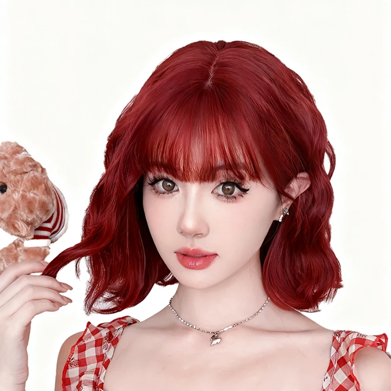 شعر مستعار نسائي كامل الرأس قصير مجعد التوت الأحمر شعر قصير كسول مجعد موضة سماعة كاملة شعر مستعار من الألياف الاصطناعية #2