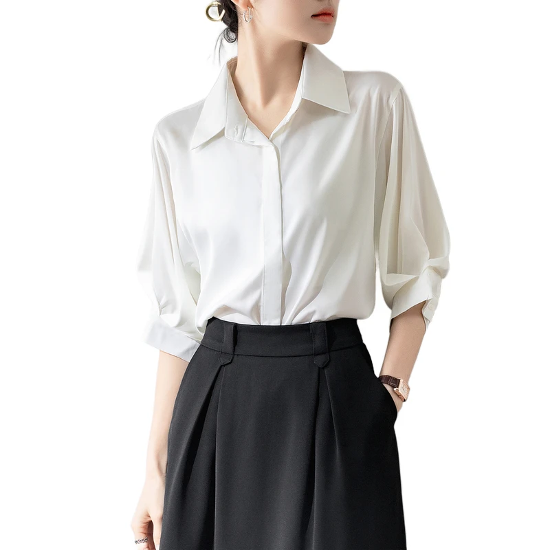 Seoulish Summer Satin Lantern Sleeve White Shirt Elegant Solid Color Office Lady Turndown Collar Casual Women\'s Tops Shirts