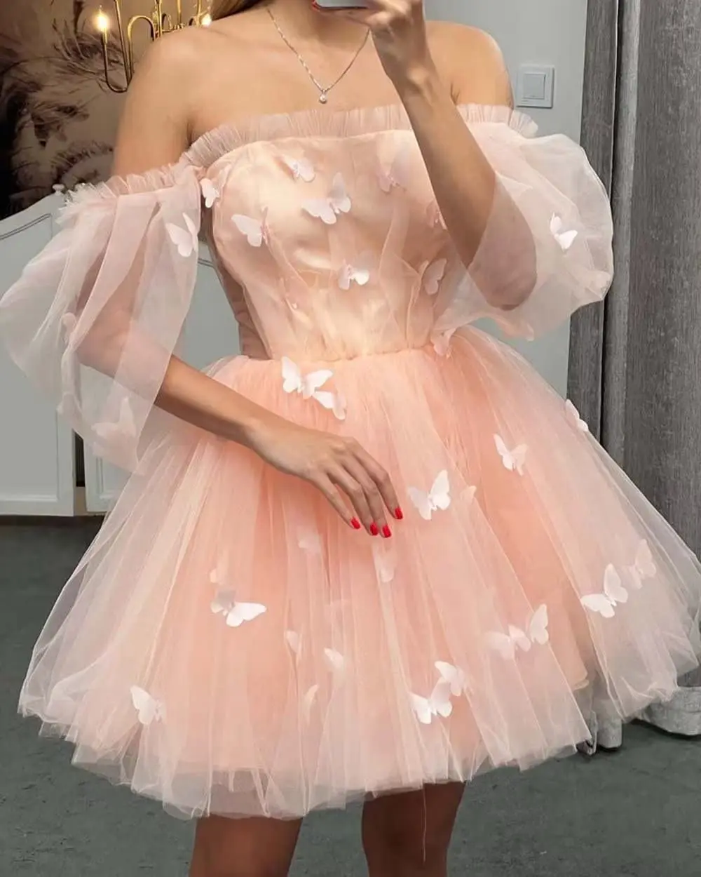 Teen's Tulle A-line Mini Prom Dresses Off the Shoulder Short Puff Sleeve Pleated Homecoming Dress Graduation Party Ball Gowns