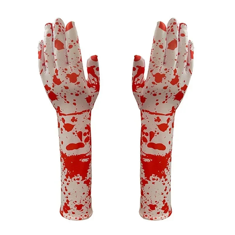 Halloween White Bloody Long Bloodstained Gloves  Scary Blood Splattered Gloves Scary Cosplay Costume Masquerade Accessories