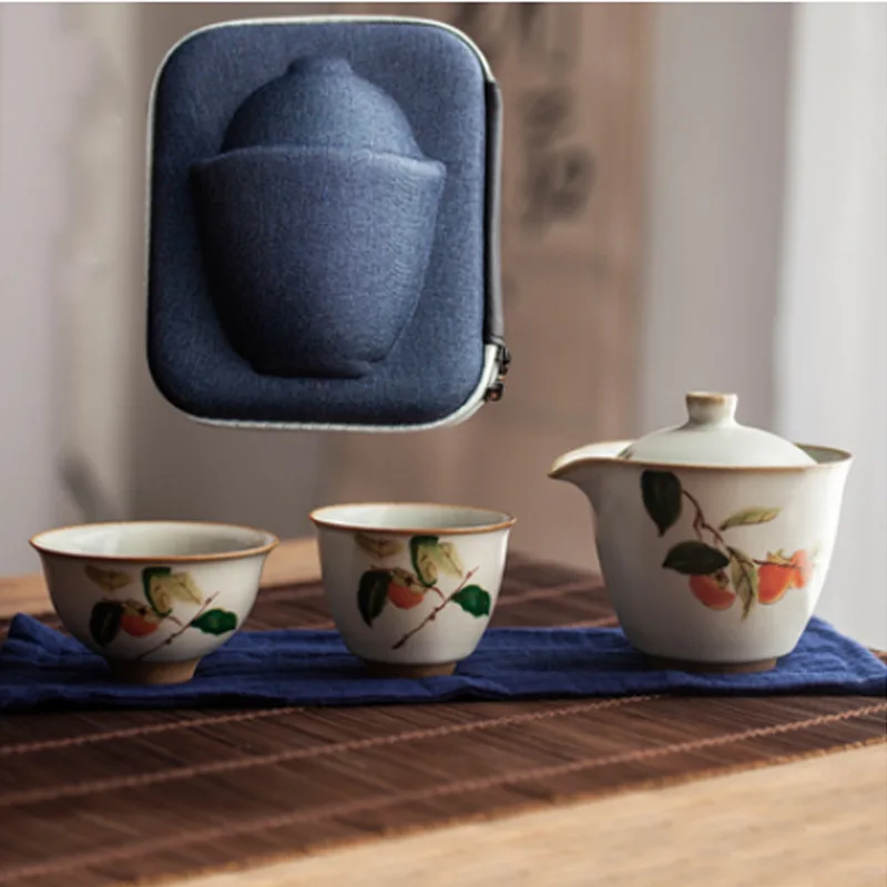 

Yuebai Ru Kiln Persimmon Quick Tea Cup One Pot Two Cups Чайный сервиз Тканевый мешок Портативный дорожный чайный сервиз кунг-фу