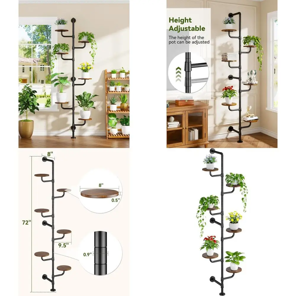 

6-Tier Indoor Metal Plant Stand with Rotating Wooden Board and Wall Mount for Home Decor