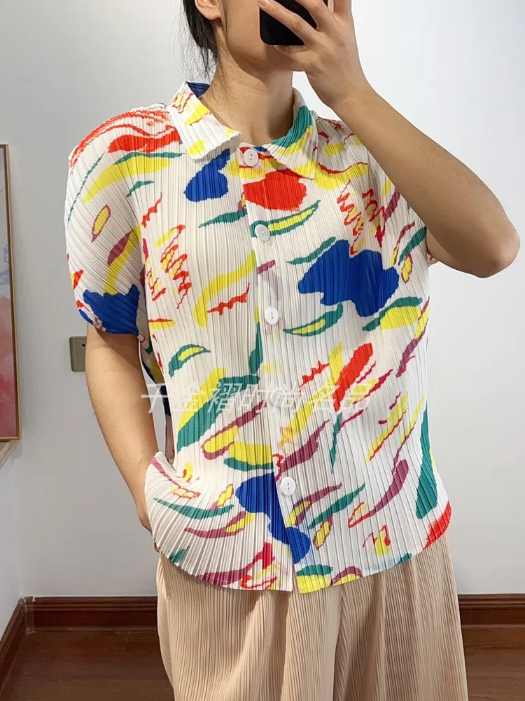 

Pleated Printed Women Shirt 2026 Summer New Fashionable Temperament Lapel Loose Oversized Slimming Versatile Female T-shirt