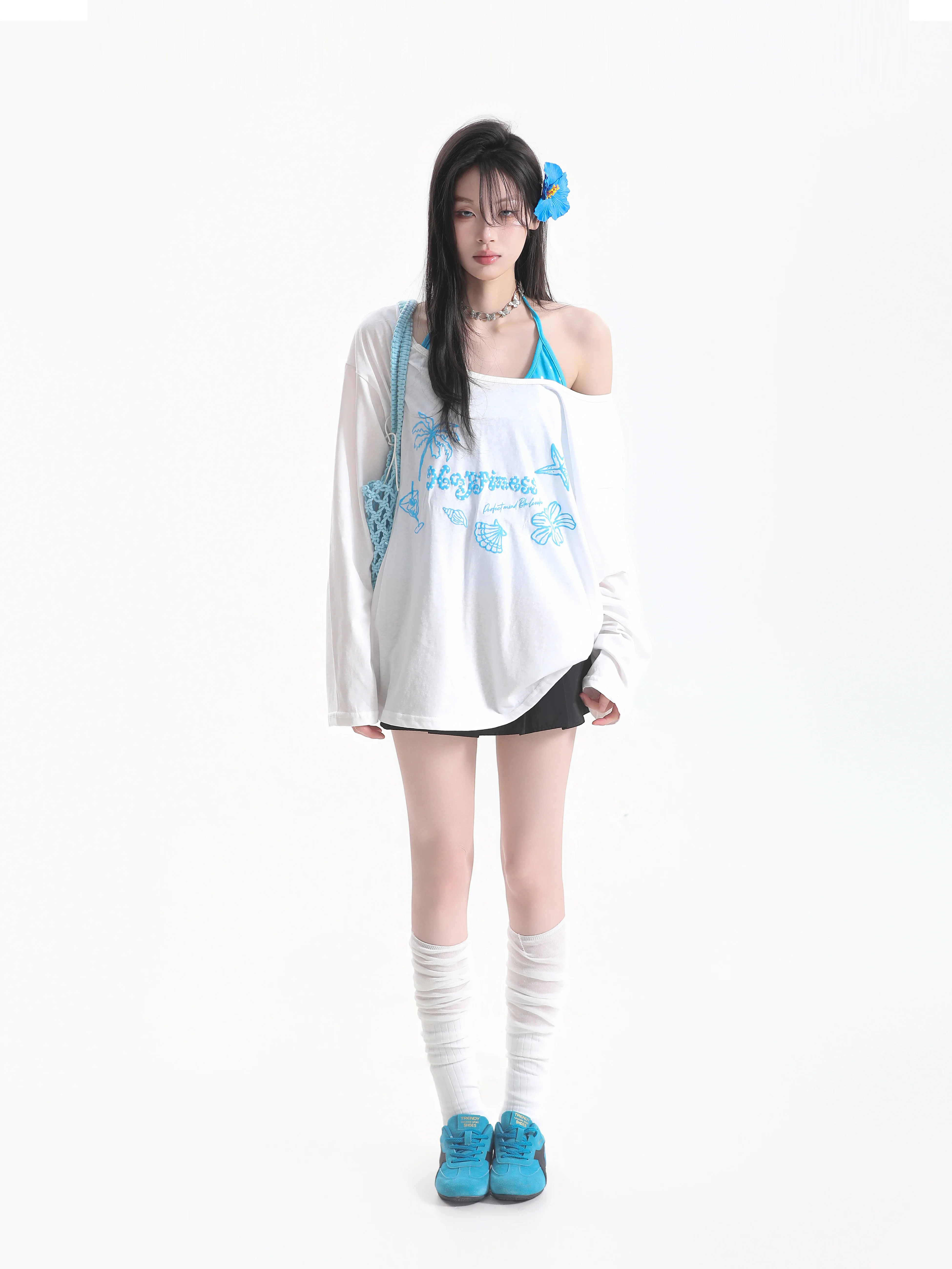 Spicy Girl Summer Lazy Style Long Sleeve T-Shirt Thin Strap Loose Covering Two-Piece Set Casual Loose Fit Cotton Polyester Blend